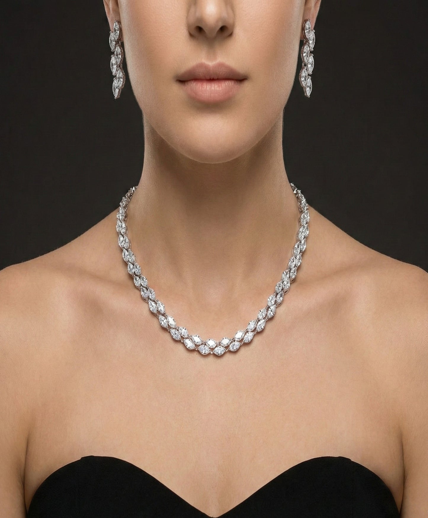 Close-up view of premium artificial Elegant Marquise Cut American Diamond Necklace Set with Drop Earrings by Innovate Art Impex.
