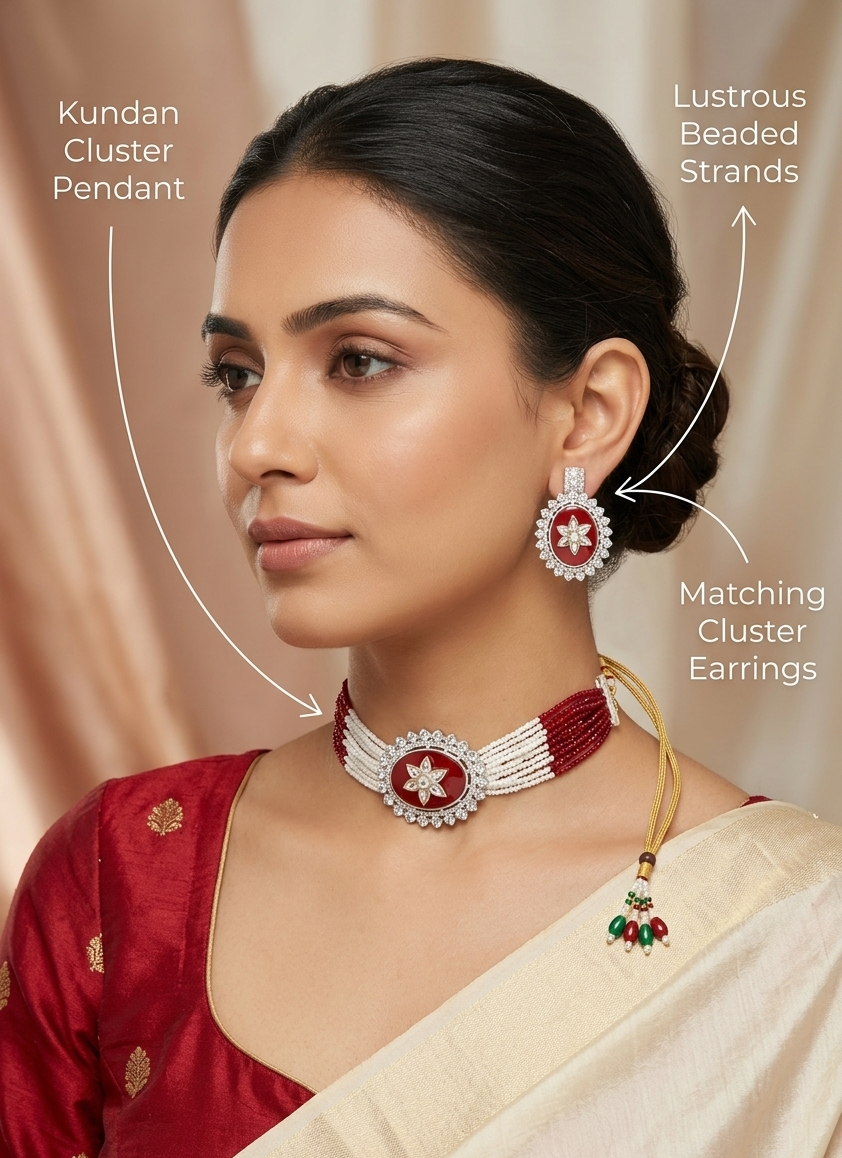 Close-up view of premium artificial Multi-Strand Beaded Choker Necklace Set with Floral Enamel Centerpiece by Innovate Art Impex.