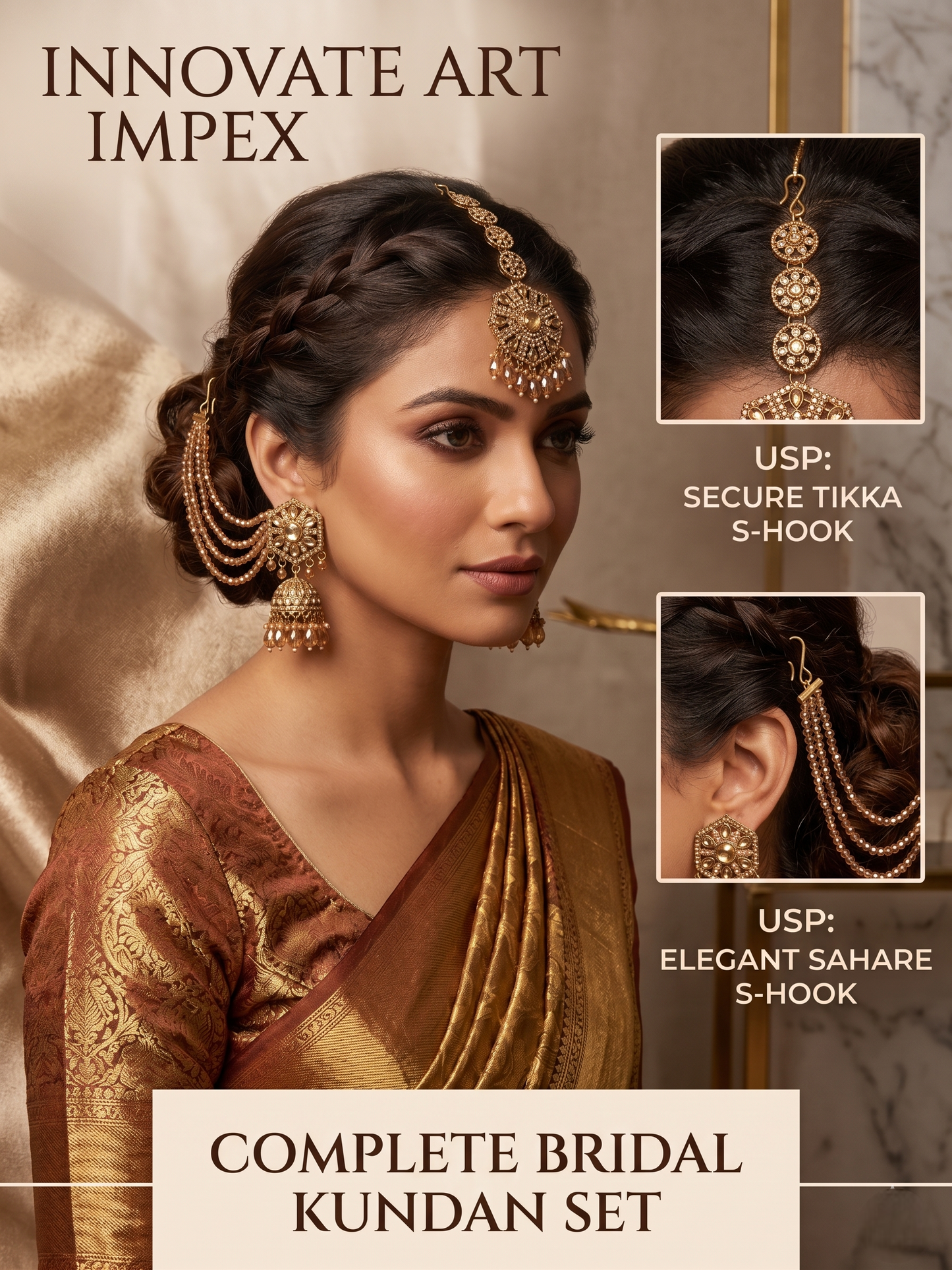 Woman wearing a complete bridal kundan set with close-up details, branded 'Innovate Art Impex'.