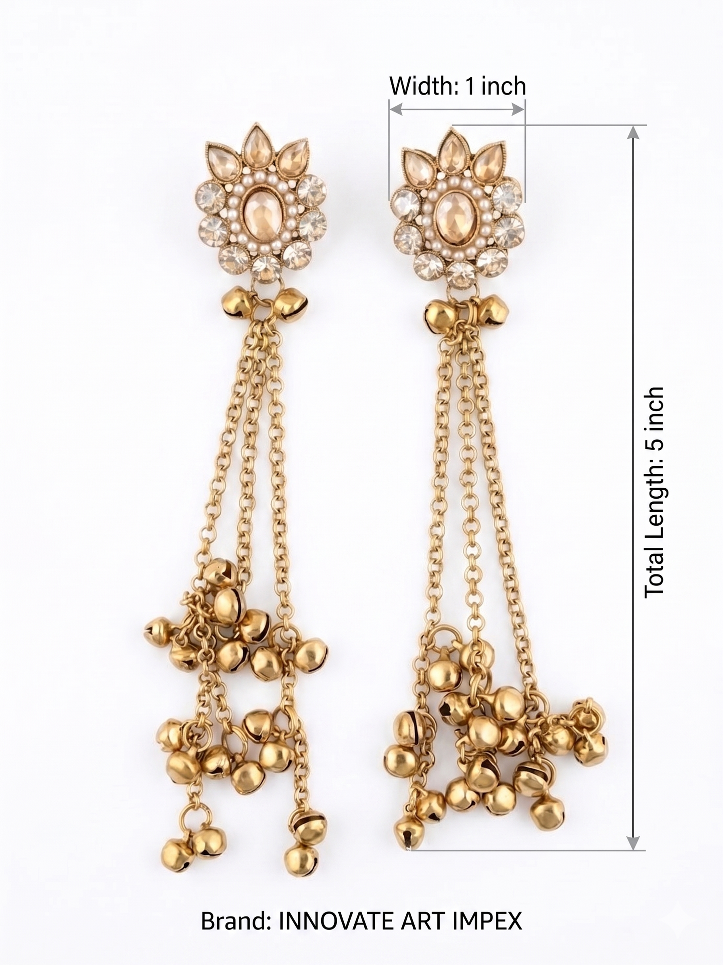 Gold earrings with chain details and measurements on a white background, Innovate Art Imex brand.