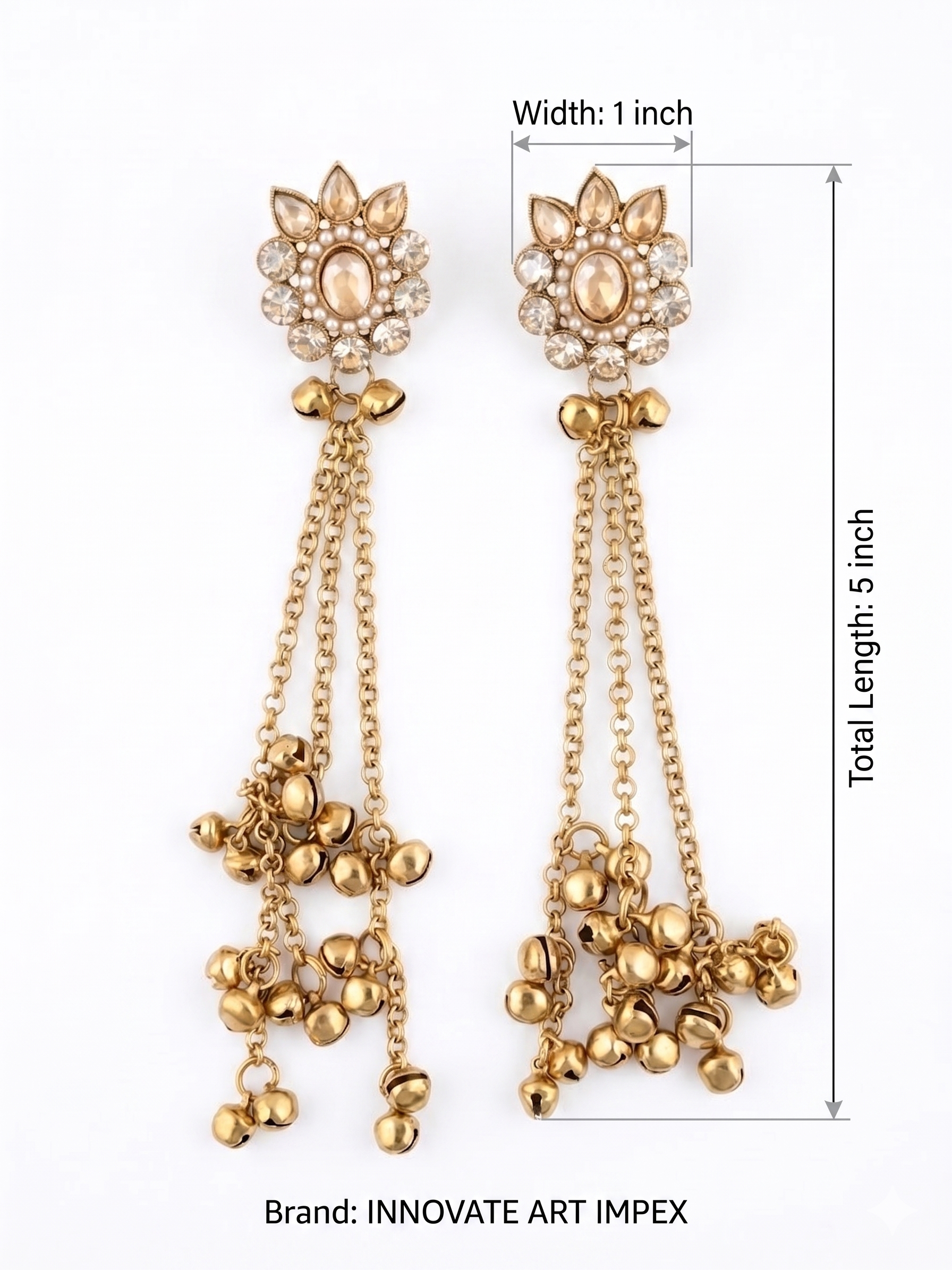 Gold earrings with chain details and measurements on a white background, Innovate Art Imex brand.