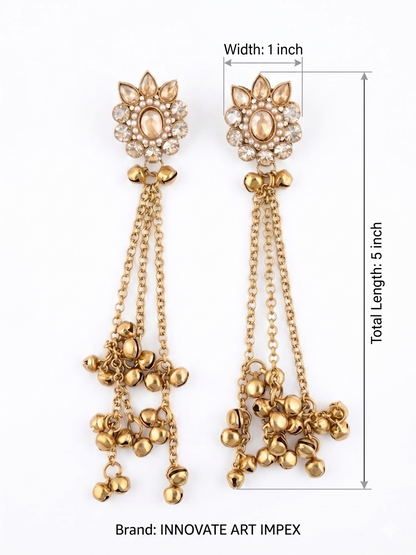 Gold earrings with chain details and measurements on a white background, Innovate Art Imex brand.