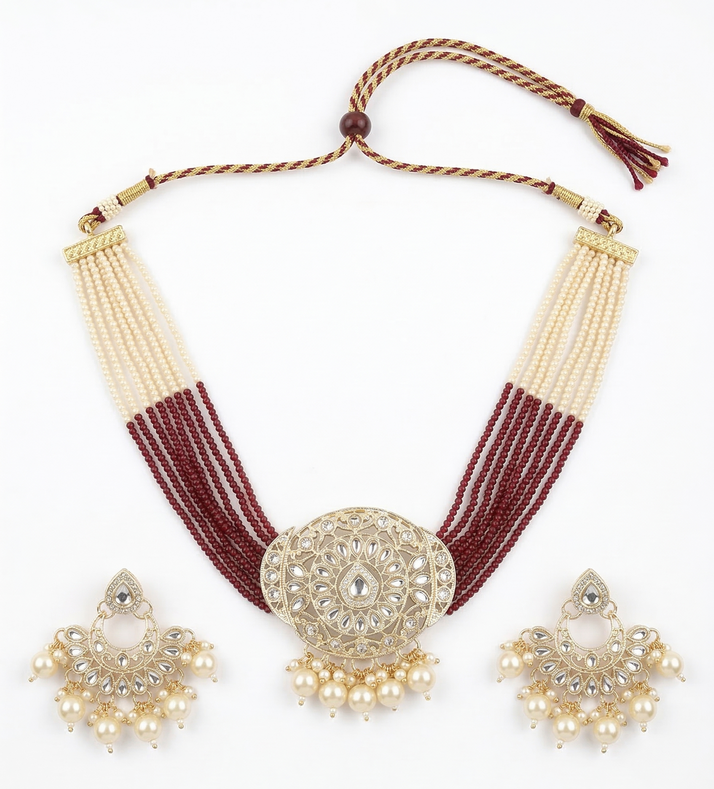 Close-up view of premium artificial Luxury Ethnic Multi-Strand Choker Jewellery Set with Chandbali Style Earrings by Innovate Art Impex.