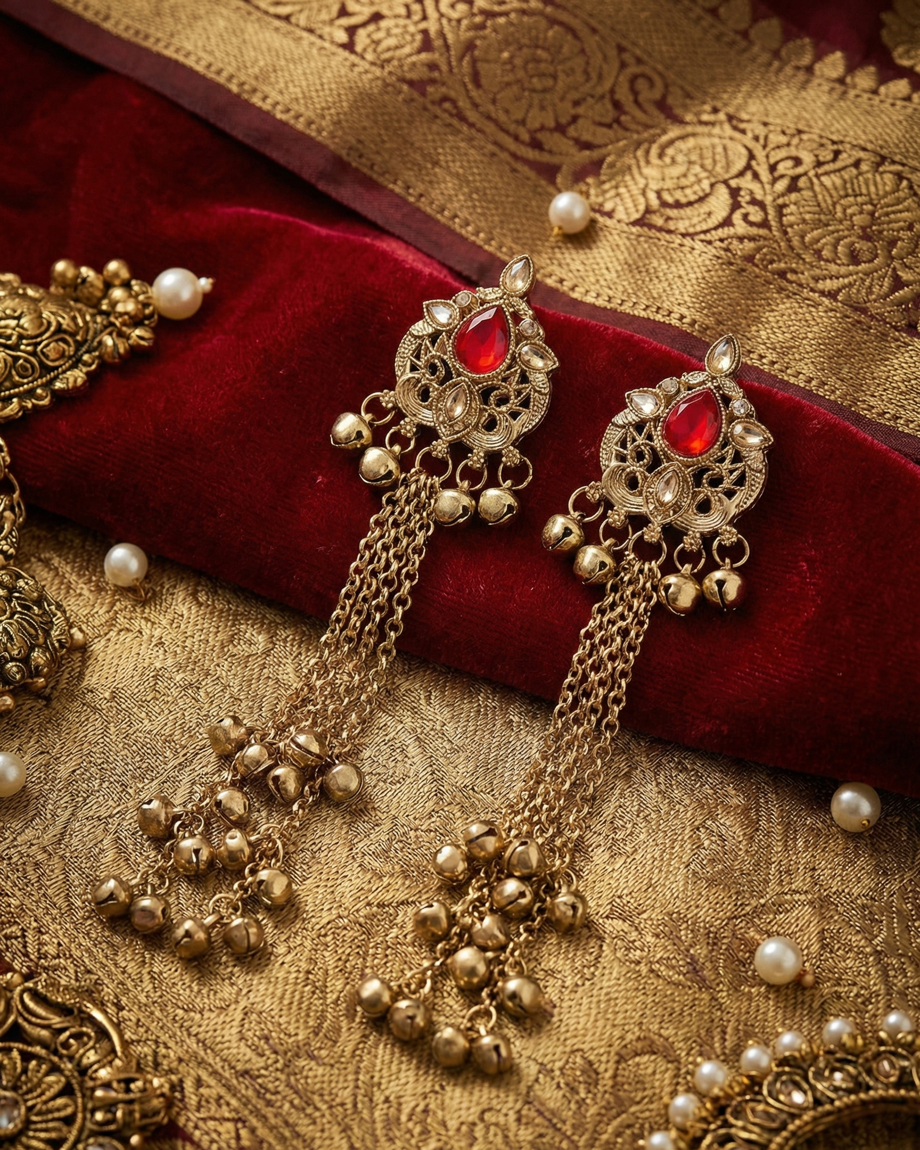 Close-up view of premium artificial Royal Red Stone Gold Plated Long Tassel Earrings with Cascading Ghungroo Bells by Innovate Art Impex.