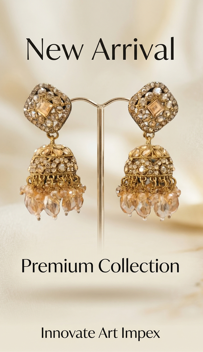 Close-up view of premium artificial Elegant Square-Shaped Kundan Studded Jhumka Earrings for Party and Festive Wear. by Innovate Art Impex.
