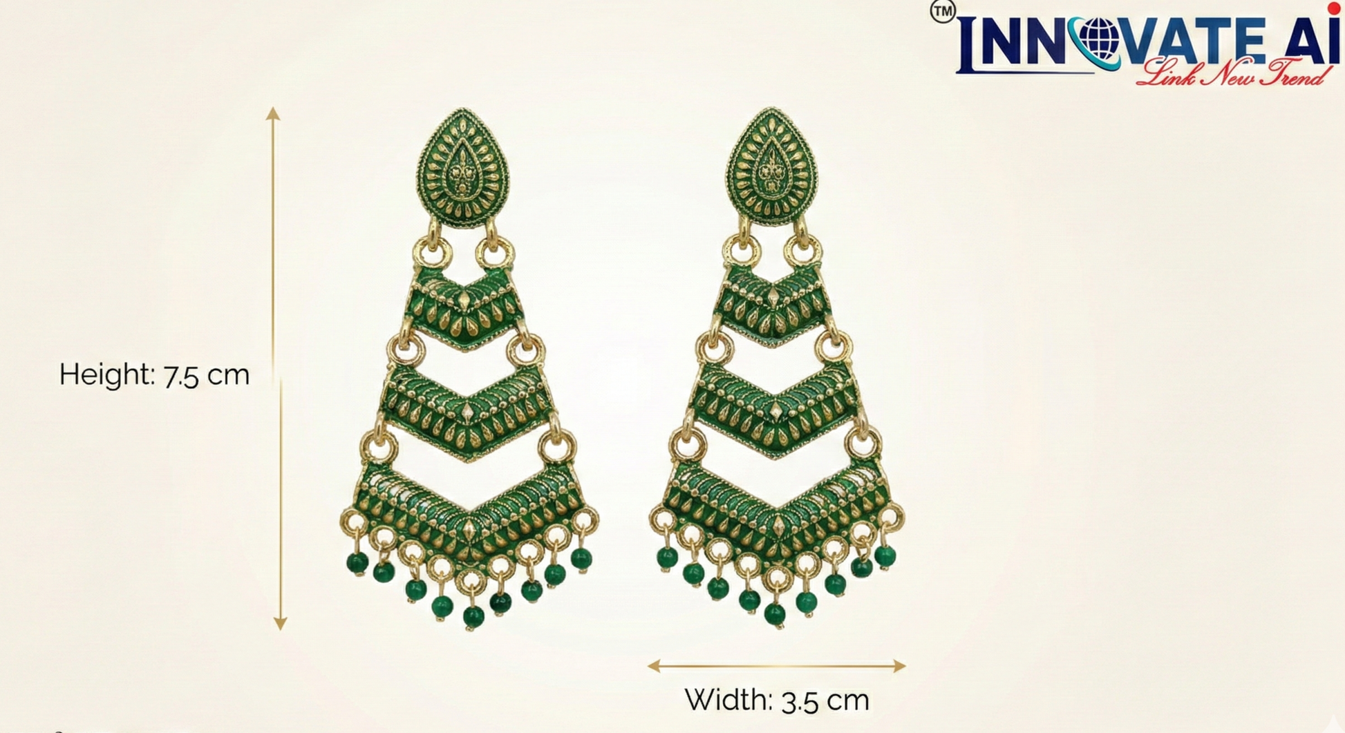 Close-up view of premium artificial Green Meenakari Gold Plated Layered Drop Earrings with Pearl Hanging by Innovate Art Impex.