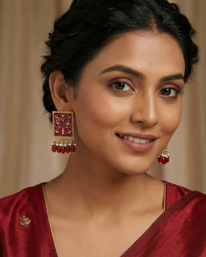 Close-up view of premium artificial Maroon Meenakari Gold Plated Pearl Drop Earrings for Women | Traditional Ethnic Dangle Earrings by Innovate Art Impex.