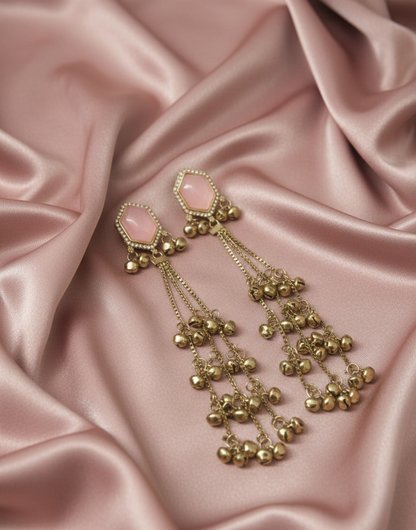 Close-up view of premium artificial Pink Hexagonal Stone Gold Tassel Drop Earrings   Elegant Statement Jewelry by Innovate Art Impex.