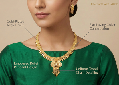 Close-up view of premium artificial Traditional Gold Toned Meenakari Inspired Temple Jewelry Set with Floral Filigree by Innovate Art Impex.