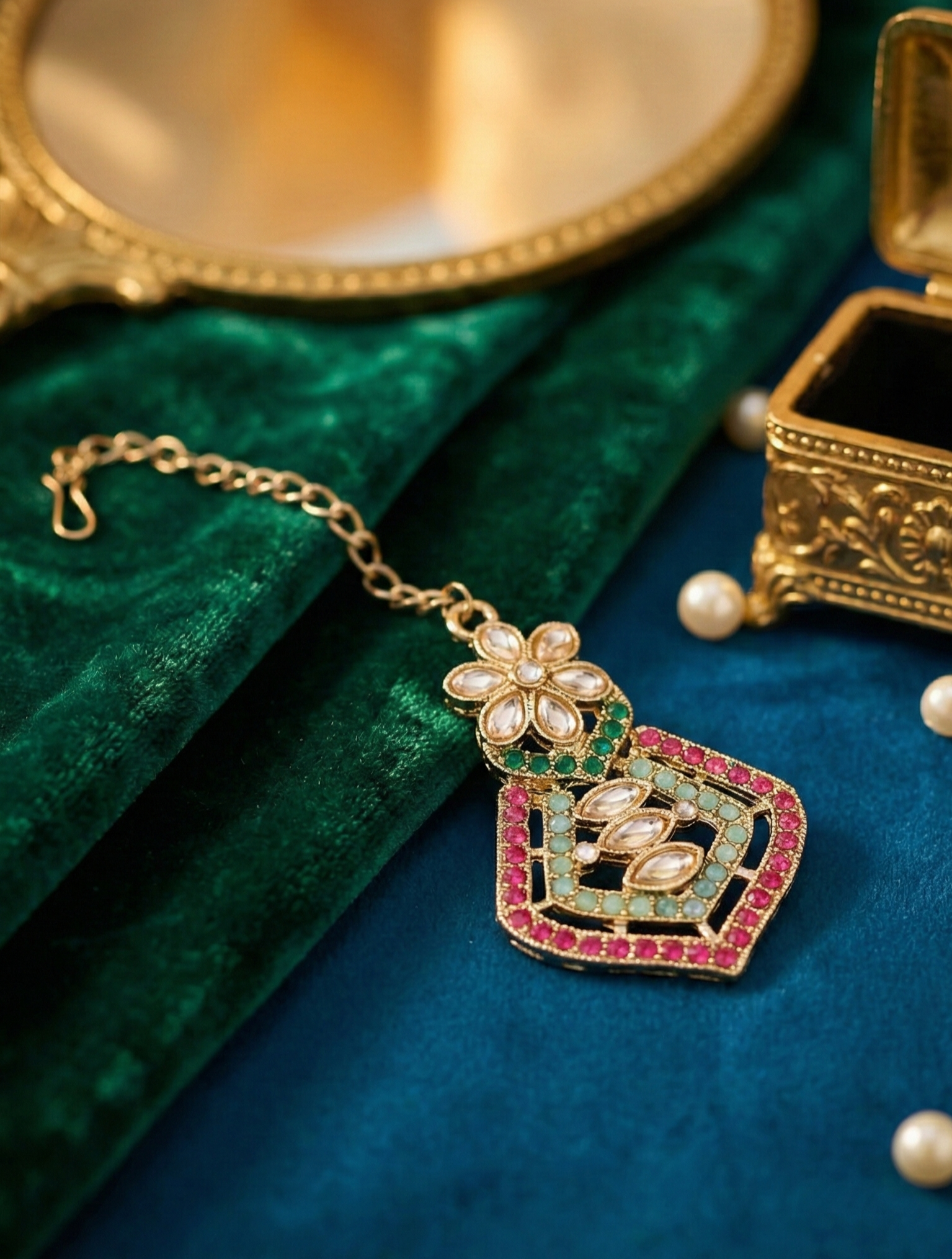 Close-up view of premium artificial Gold Toned Multi Color Geometric Mosaic Kundan Necklace Set Gold Plated Multi Color Floral Halo Necklace Set with Maang Tikka by Innovate Art Impex.