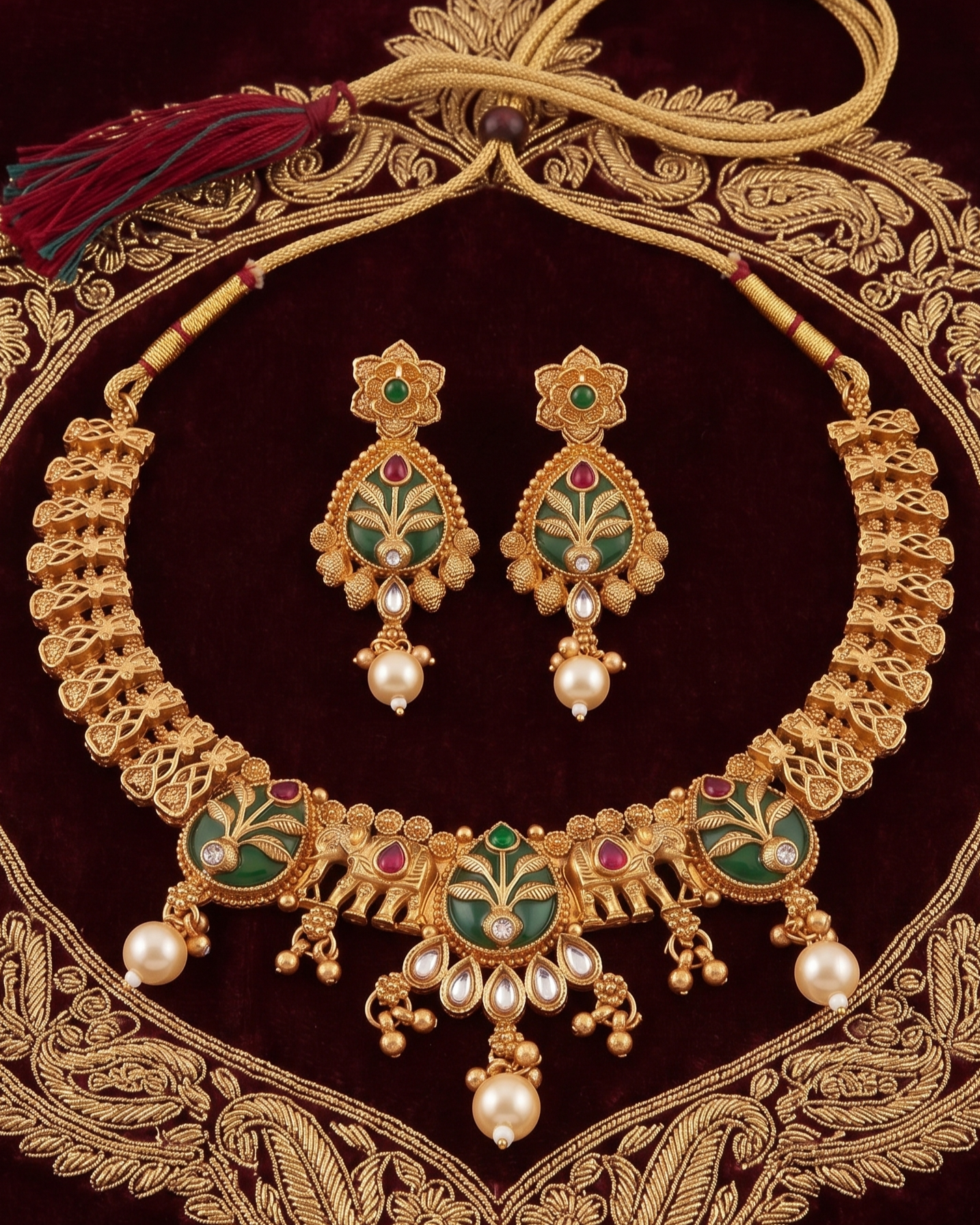 Antique Gold Plated Indian Temple Jewelry Choker Set with Green Stones and Pearls