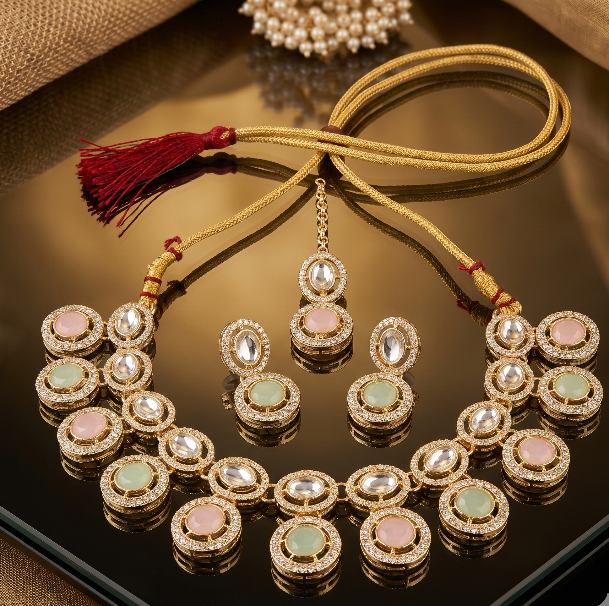 Ornate necklace and earrings set on a reflective surface