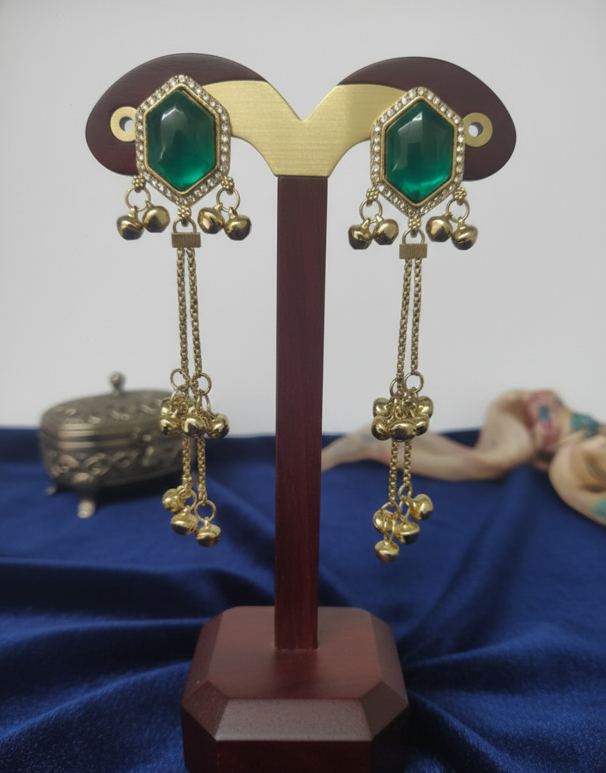 Close-up view of premium artificial Green Hexagonal Stone Gold Tassel Drop Earrings   Elegant Statement Jewelry by Innovate Art Impex.