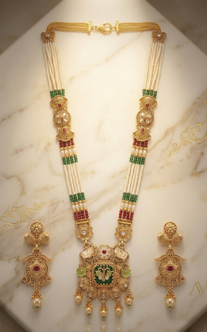 Close-up view of premium artificial Heritage Meenakari & Pearl Multi-Strand Long Necklace Set (Rani Haar) by Innovate Art Impex.