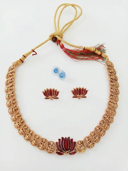 Traditional Matte Gold Plated Temple Jewellery Set for Women | Red Enamel Lotus Motif Laxmi Kasu Mala Coin Necklace with Matching Stud Earrings Innovate Art Impex