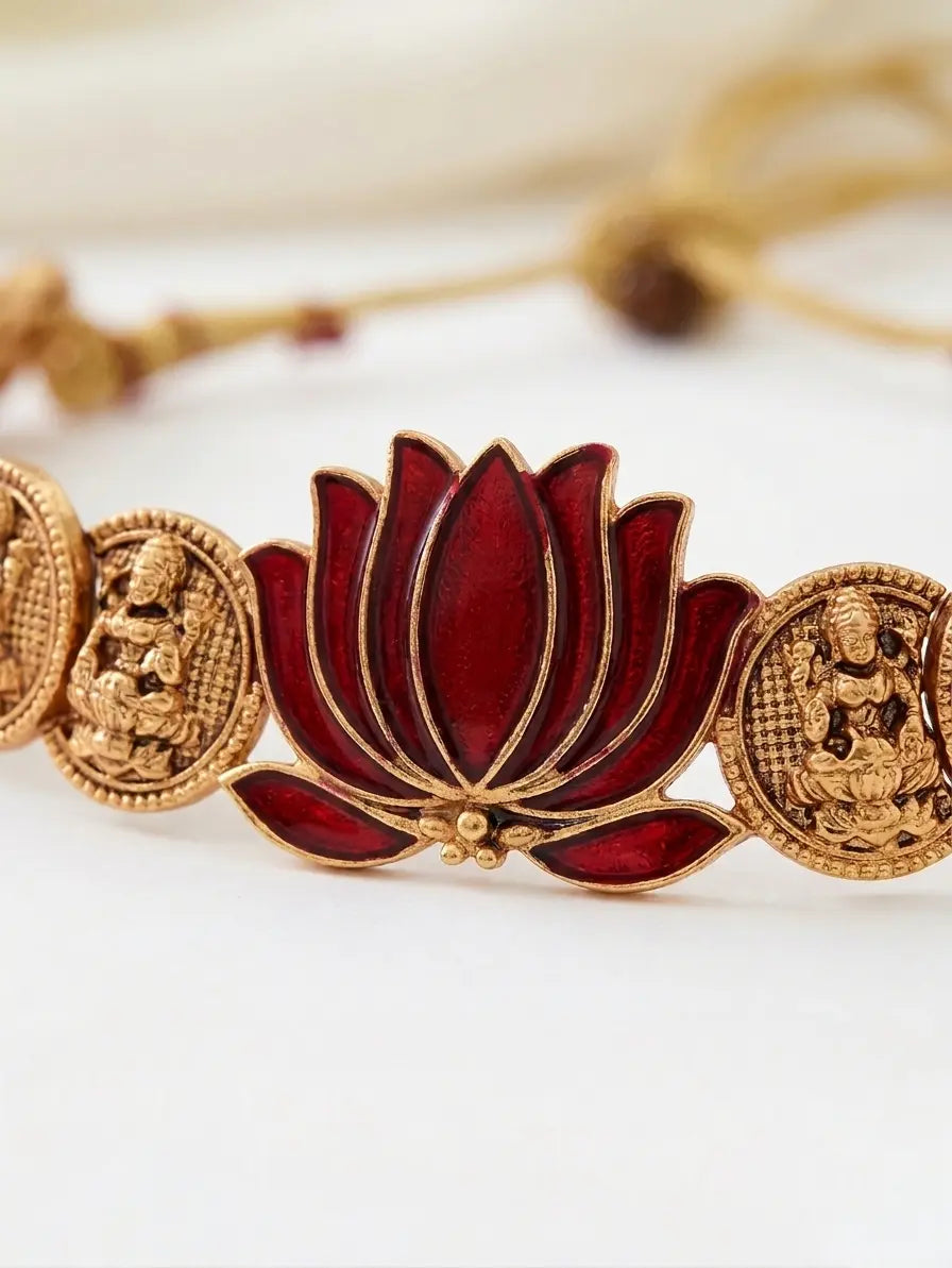 Traditional Matte Gold Plated Temple Jewellery Set for Women | Red Enamel Lotus Motif Laxmi Kasu Mala Coin Necklace with Matching Stud Earrings Innovate Art Impex
