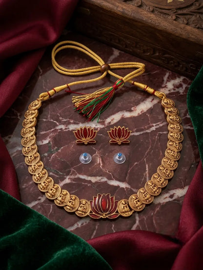 Traditional Matte Gold Plated Temple Jewellery Set for Women | Red Enamel Lotus Motif Laxmi Kasu Mala Coin Necklace with Matching Stud Earrings Innovate Art Impex
