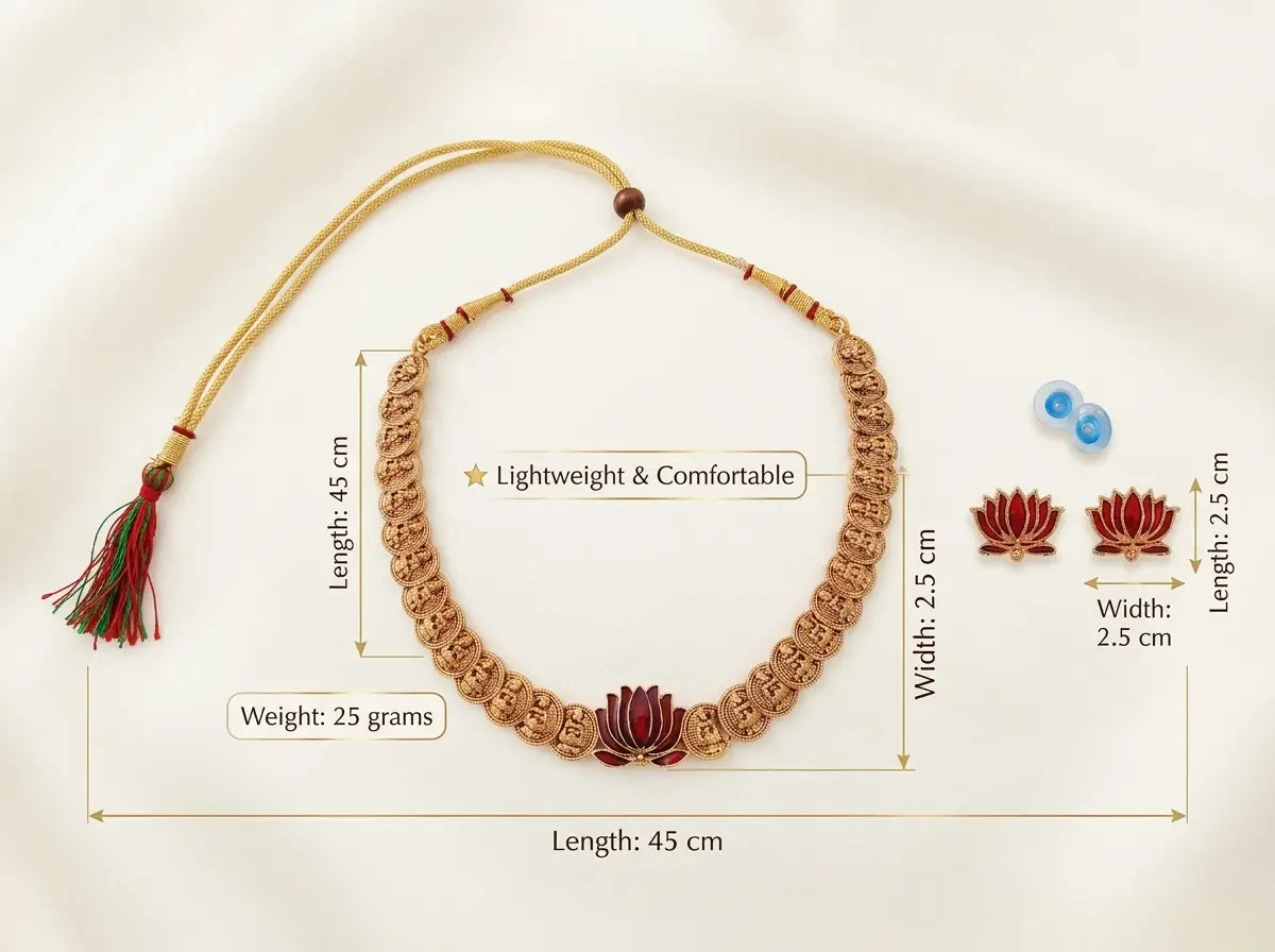 Traditional Matte Gold Plated Temple Jewellery Set for Women | Red Enamel Lotus Motif Laxmi Kasu Mala Coin Necklace with Matching Stud Earrings Innovate Art Impex