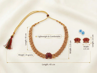 Traditional Matte Gold Plated Temple Jewellery Set for Women | Red Enamel Lotus Motif Laxmi Kasu Mala Coin Necklace with Matching Stud Earrings Innovate Art Impex