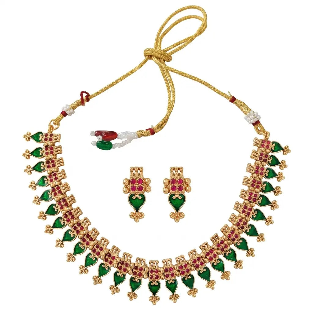 Elite Gold-Plated Meenakari Necklace Set with Matching Earrings – Traditional Green & Ruby Stone Choker for Women and Girls Innovate Art Impex