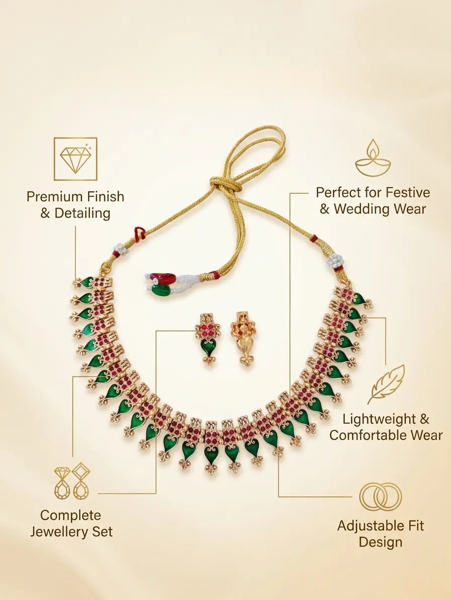 Elite Gold-Plated Meenakari Necklace Set with Matching Earrings – Traditional Green & Ruby Stone Choker for Women and Girls Innovate Art Impex