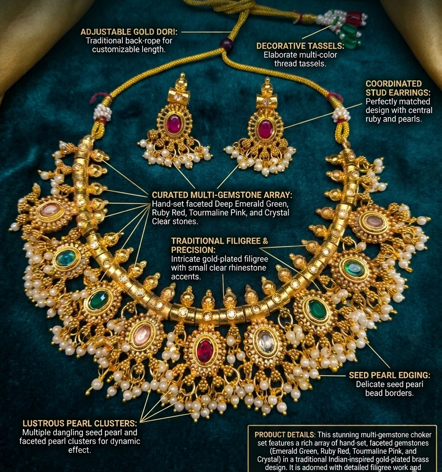 Close-up of a traditional antique gold choker necklace set with matching drop earrings, featuring intricate craftsmanship, ruby and emerald stones, pearl drops, and an adjustable golden dori on a white background.
