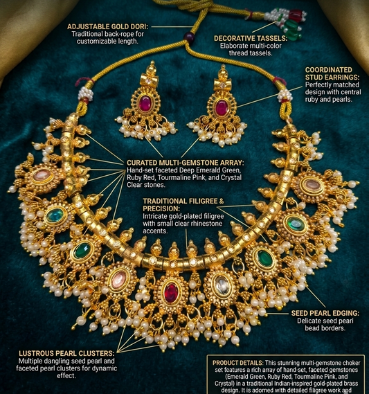 Close-up of a traditional antique gold choker necklace set with matching drop earrings, featuring intricate craftsmanship, ruby and emerald stones, pearl drops, and an adjustable golden dori on a white background.