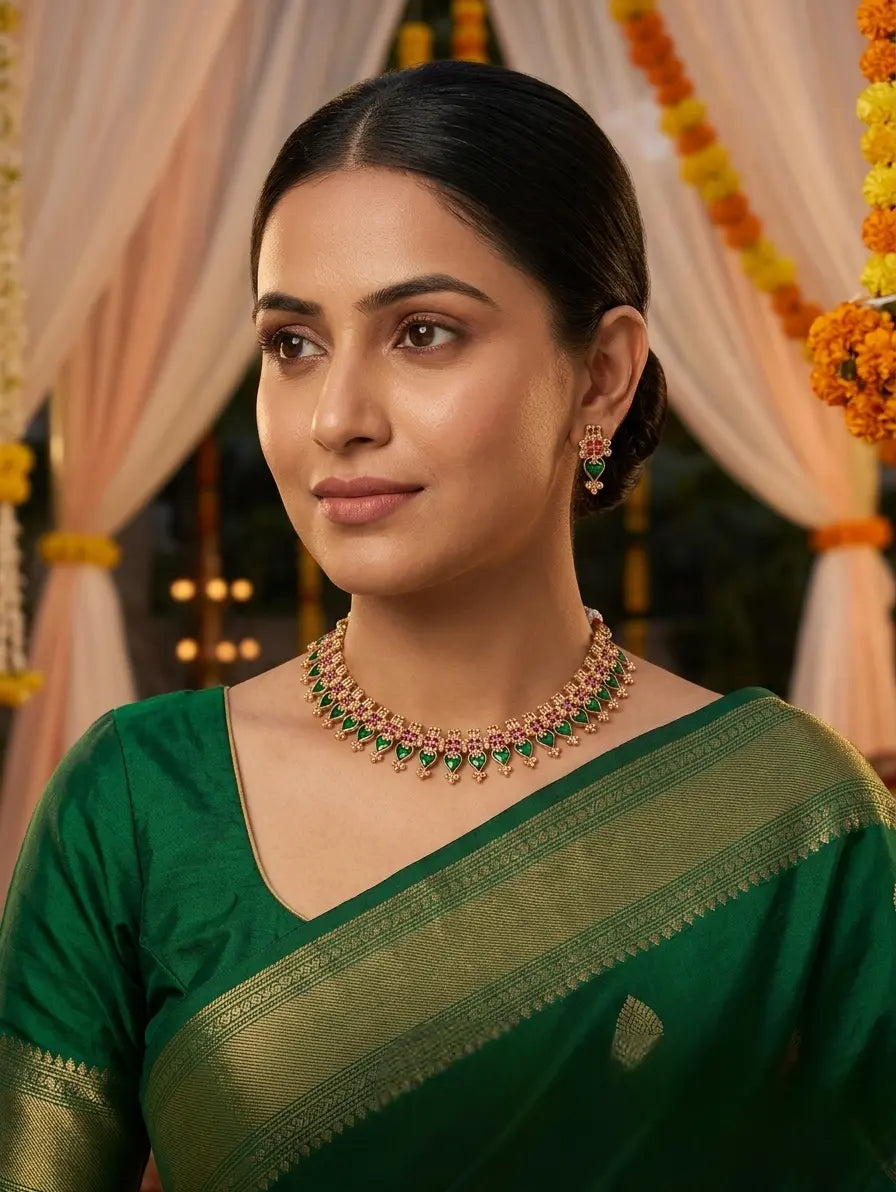 Elite Gold-Plated Meenakari Necklace Set with Matching Earrings – Traditional Green & Ruby Stone Choker for Women and Girls Innovate Art Impex