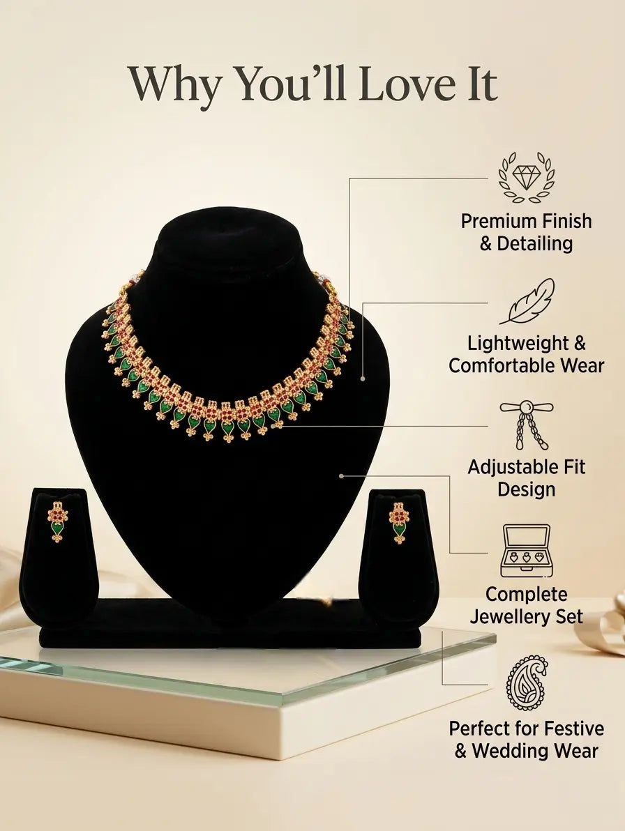 Elite Gold-Plated Meenakari Necklace Set with Matching Earrings – Traditional Green & Ruby Stone Choker for Women and Girls Innovate Art Impex