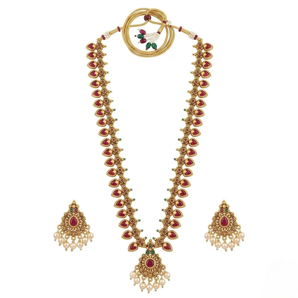 Gold-Plated Ruby Red Stones & Pearls Temple Jewelry Long Necklace Set with Earrings Innovate Art Impex