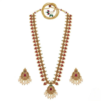 Gold-Plated Ruby Red Stones & Pearls Temple Jewelry Long Necklace Set with Earrings Innovate Art Impex