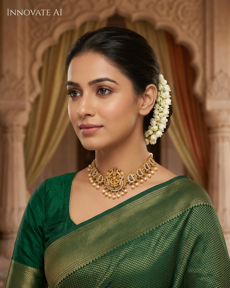 Elegant Indian model dressed in a green Kanjeevaram silk saree adorned with a premium gold-plated temple jewellery choker set featuring a Goddess Lakshmi pendant.