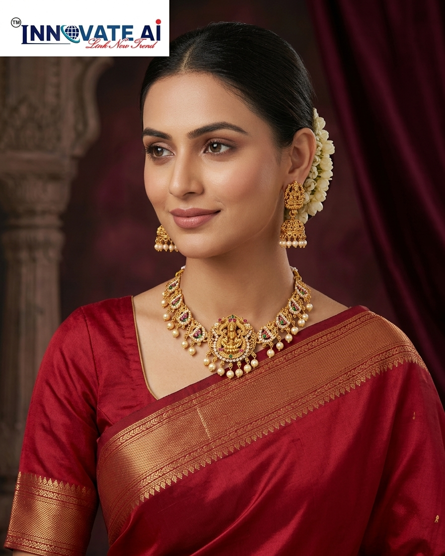 Indian woman wearing a red silk saree styled with a traditional 24K gold-plated Lakshmi temple choker set and matching pearl drop jhumka earrings.