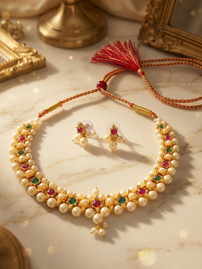 High-angle flat lay of a traditional pearl, ruby, and emerald choker set with a red tassel dori resting on a marble table with soft lighting.