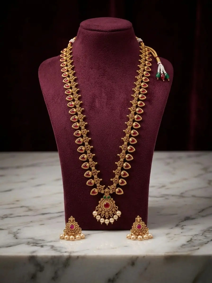 Gold-Plated Ruby Red Stones & Pearls Temple Jewelry Long Necklace Set with Earrings Innovate Art Impex