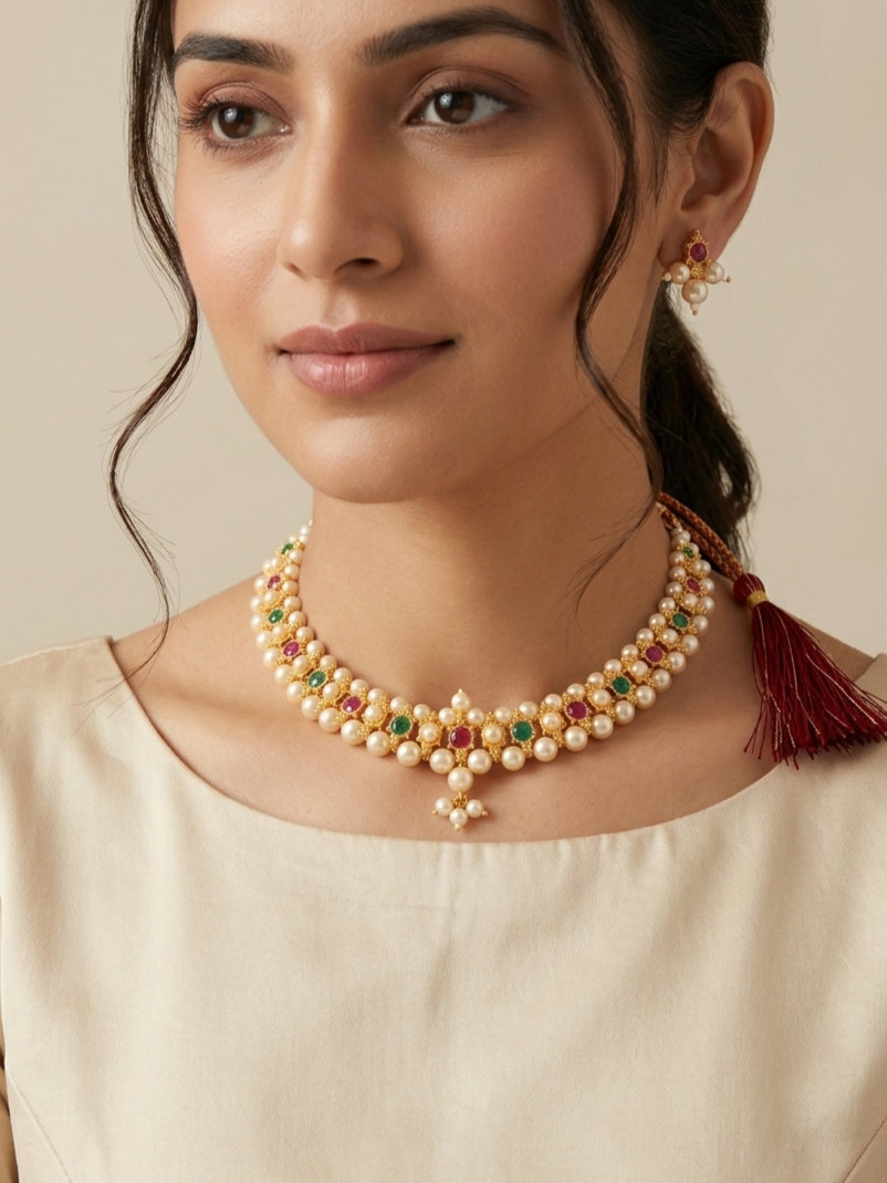 Indian woman wearing a soft beige silk outfit styled with a traditional gold-plated pearl choker necklace and matching gemstone stud earrings.
