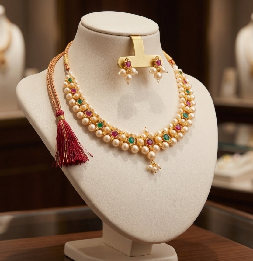 High-angle flat lay of a traditional pearl, ruby, and emerald choker set with a red tassel dori resting on a marble table with soft lighting.