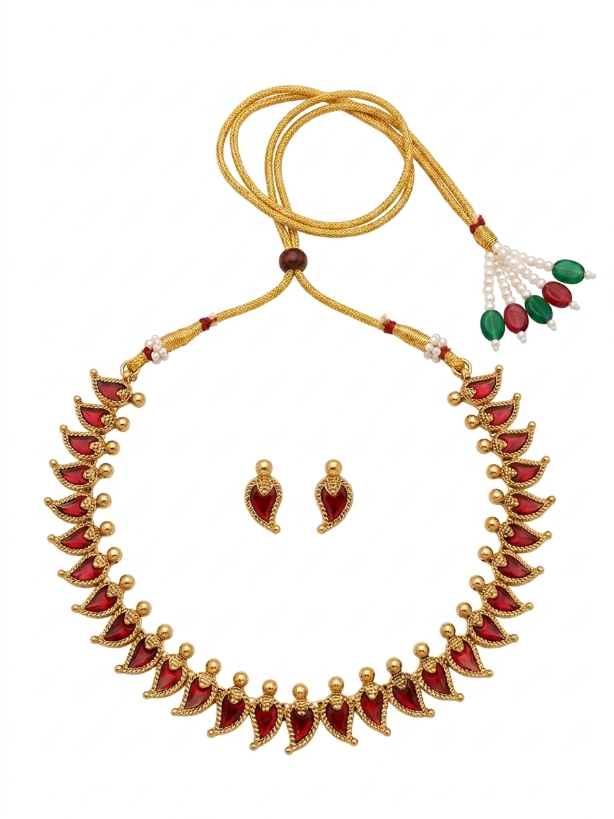 Handcrafted Traditional Palakka Mango Motif Choker Set with Ruby Red Stones