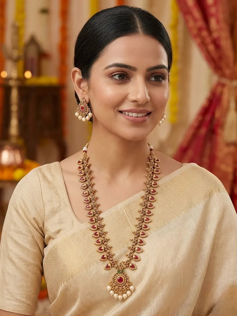 Gold-Plated Ruby Red Stones & Pearls Temple Jewelry Long Necklace Set with Earrings Innovate Art Impex
