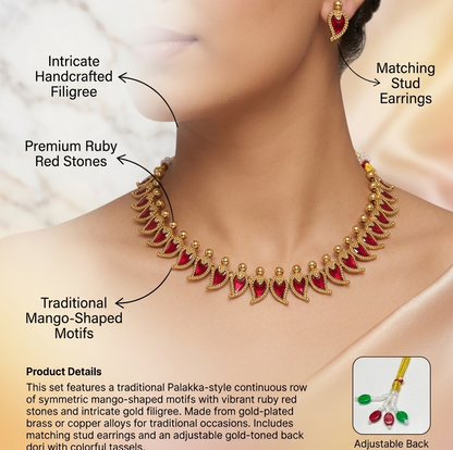 Handcrafted Traditional Palakka Mango Motif Choker Set with Ruby Red Stones