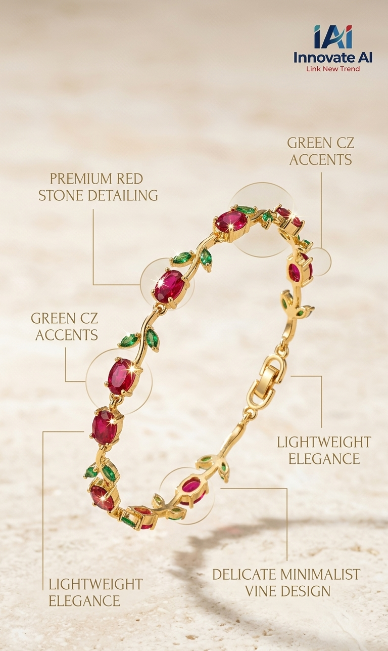 Gold-Toned Botanical Vine Link Bracelet with Premium Red Stones & Green CZ Accents
