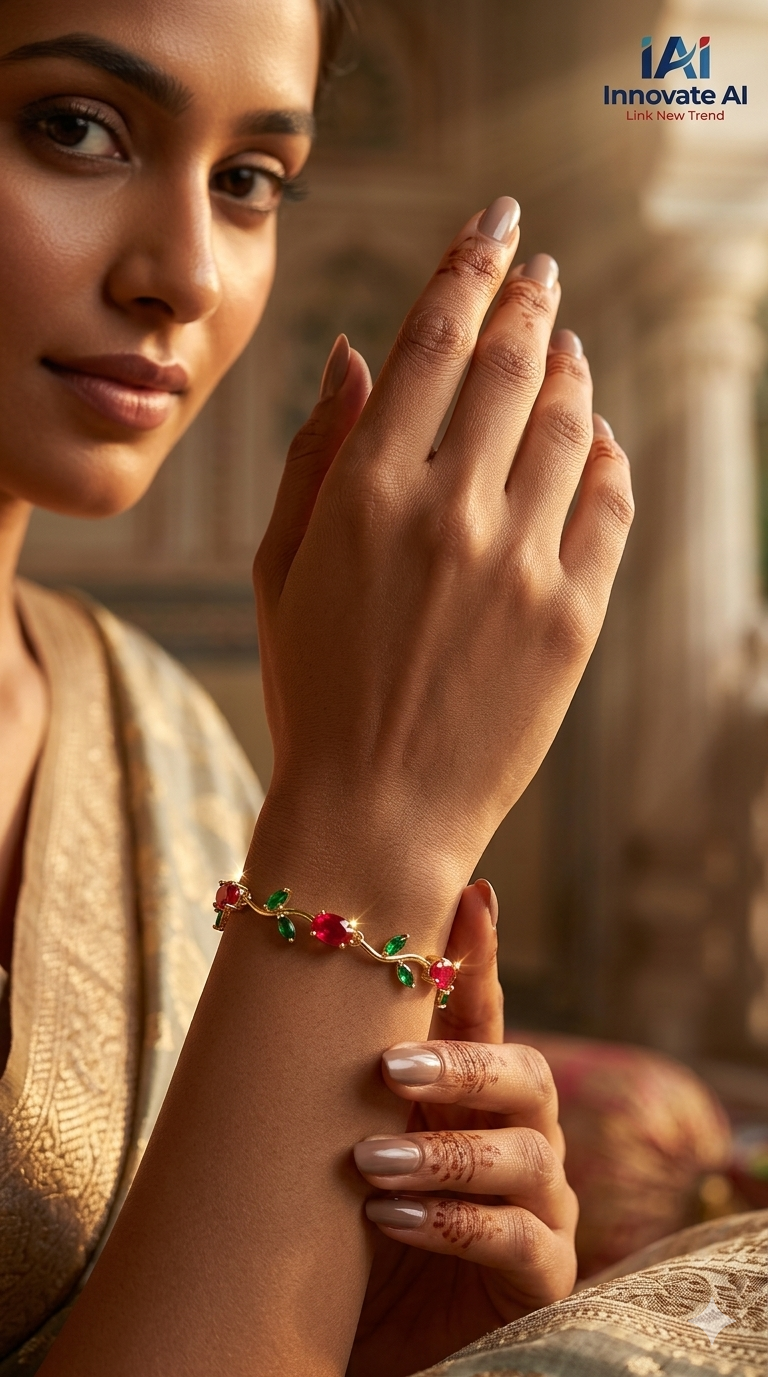 Gold-Toned Botanical Vine Link Bracelet with Premium Red Stones & Green CZ Accents