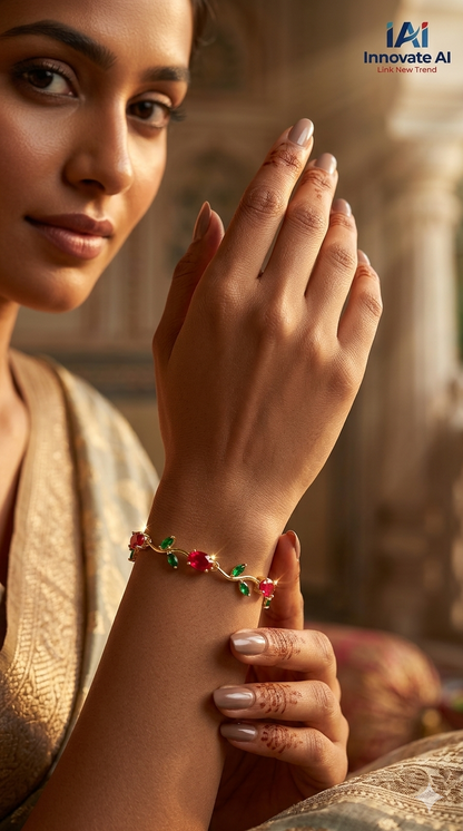 Gold-Toned Botanical Vine Link Bracelet with Premium Red Stones & Green CZ Accents