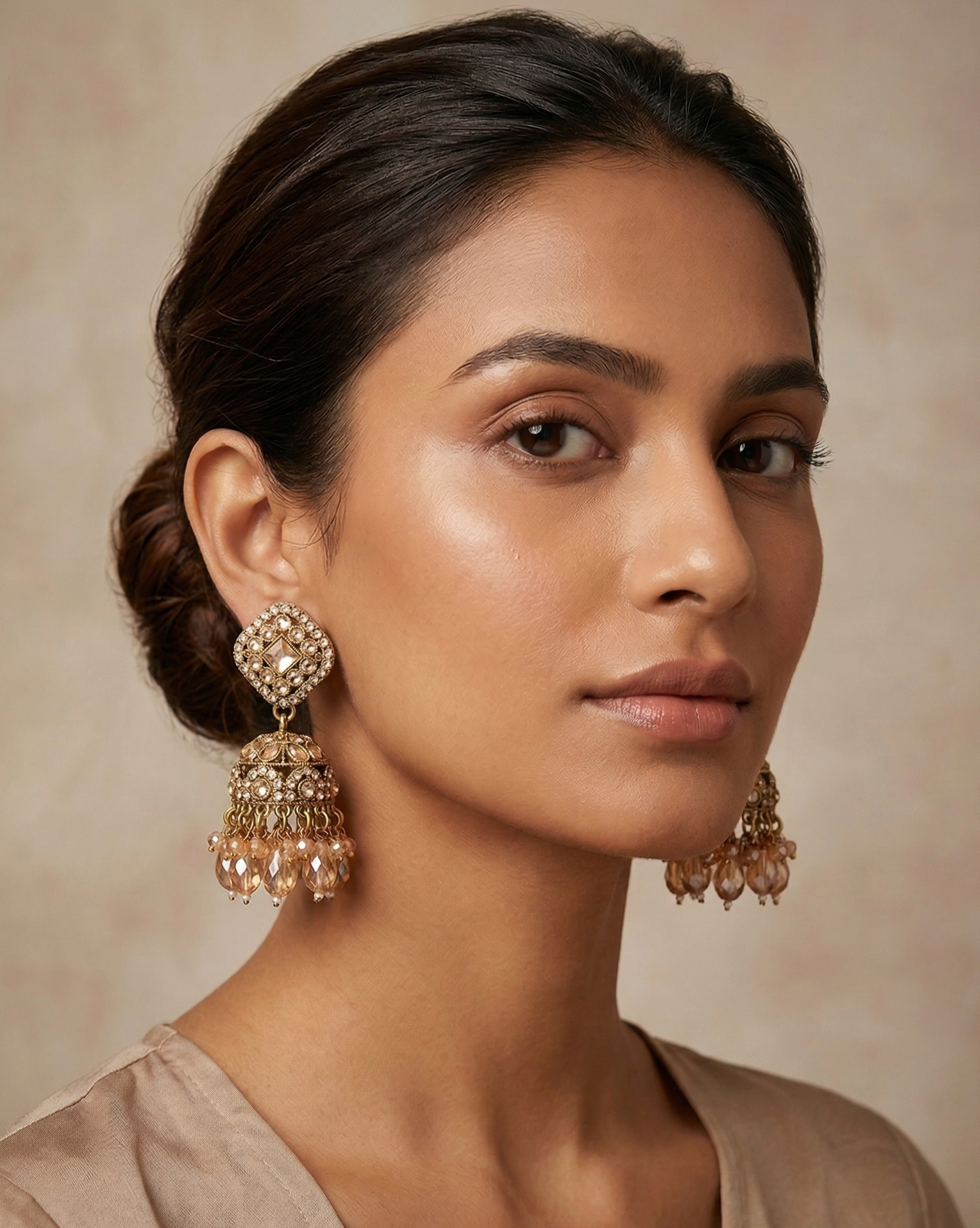 Close-up view of premium artificial Elegant Square-Shaped Kundan Studded Jhumka Earrings for Party and Festive Wear. by Innovate Art Impex.