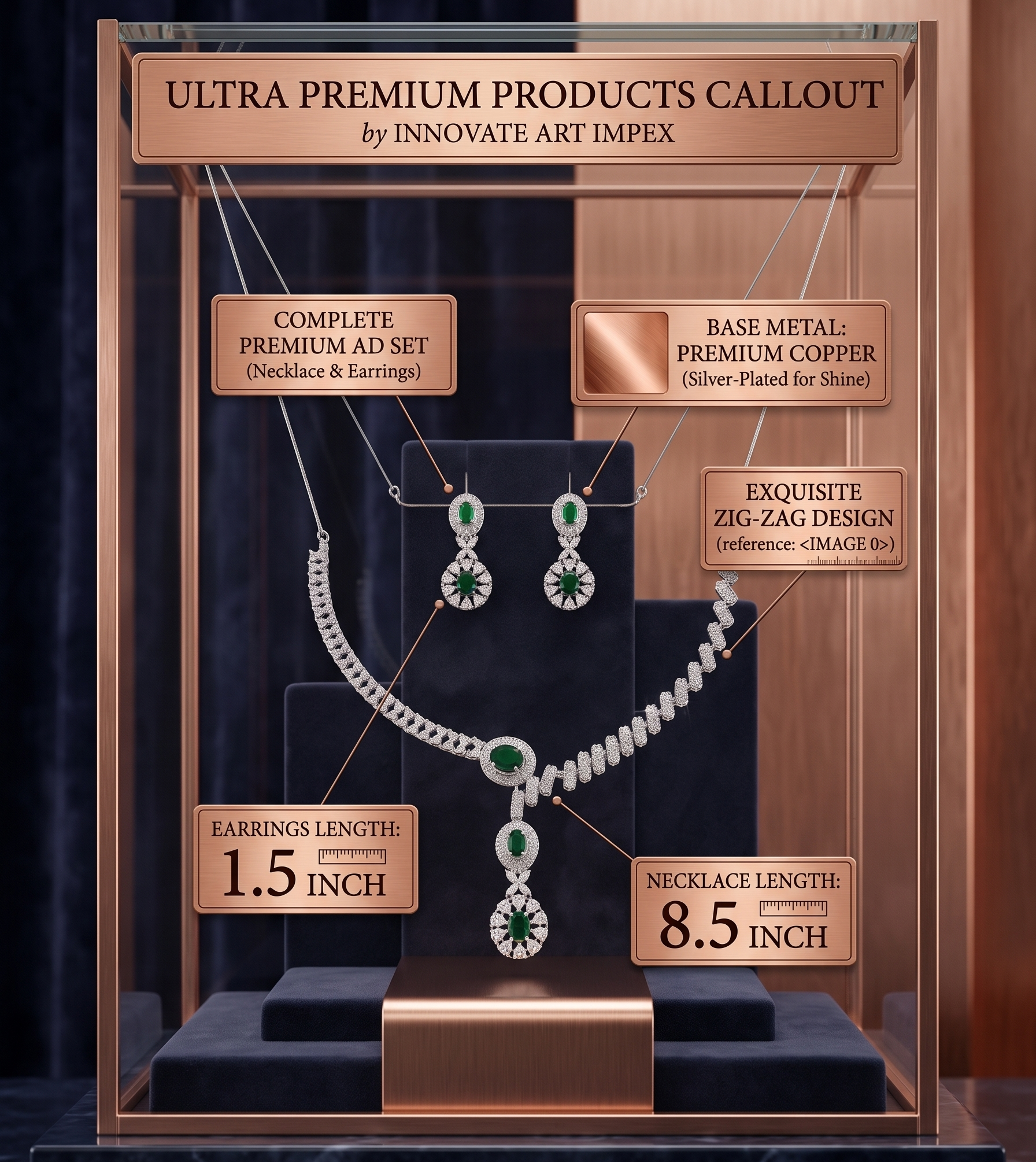 Jewelry set with necklace and earrings on a display stand, featuring Ultra Premium Products Callout by Innovate Art Impex.