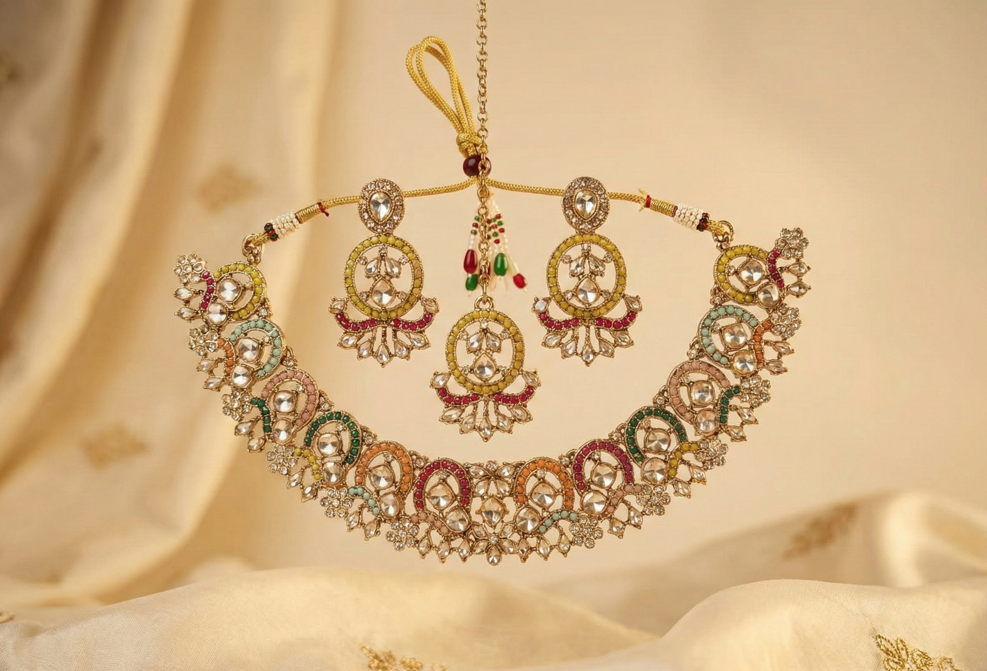 Close-up view of premium artificial Antique Gold Multi Color Stone Jewelry Set with Crescent Earrings & Maang Tikka by Innovate Art Impex.