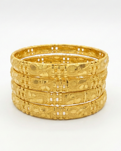 Close-up view of premium artificial INNOVATE ART IMPEX Traditional Gold-Plated Bangles Set of 4 for Women (Size 2.6) | Antique Brass & Alloy Ethnic Churi | Handcrafted Daily & Festive Kada Set for Ladies & Girls by Innovate Art Impex.