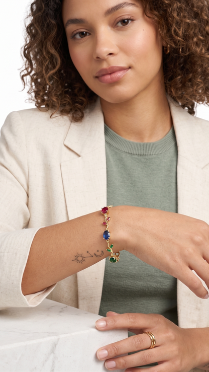 Gold-Toned Botanical Vine Link Bracelet with Premium Red Stones & Green CZ Accents