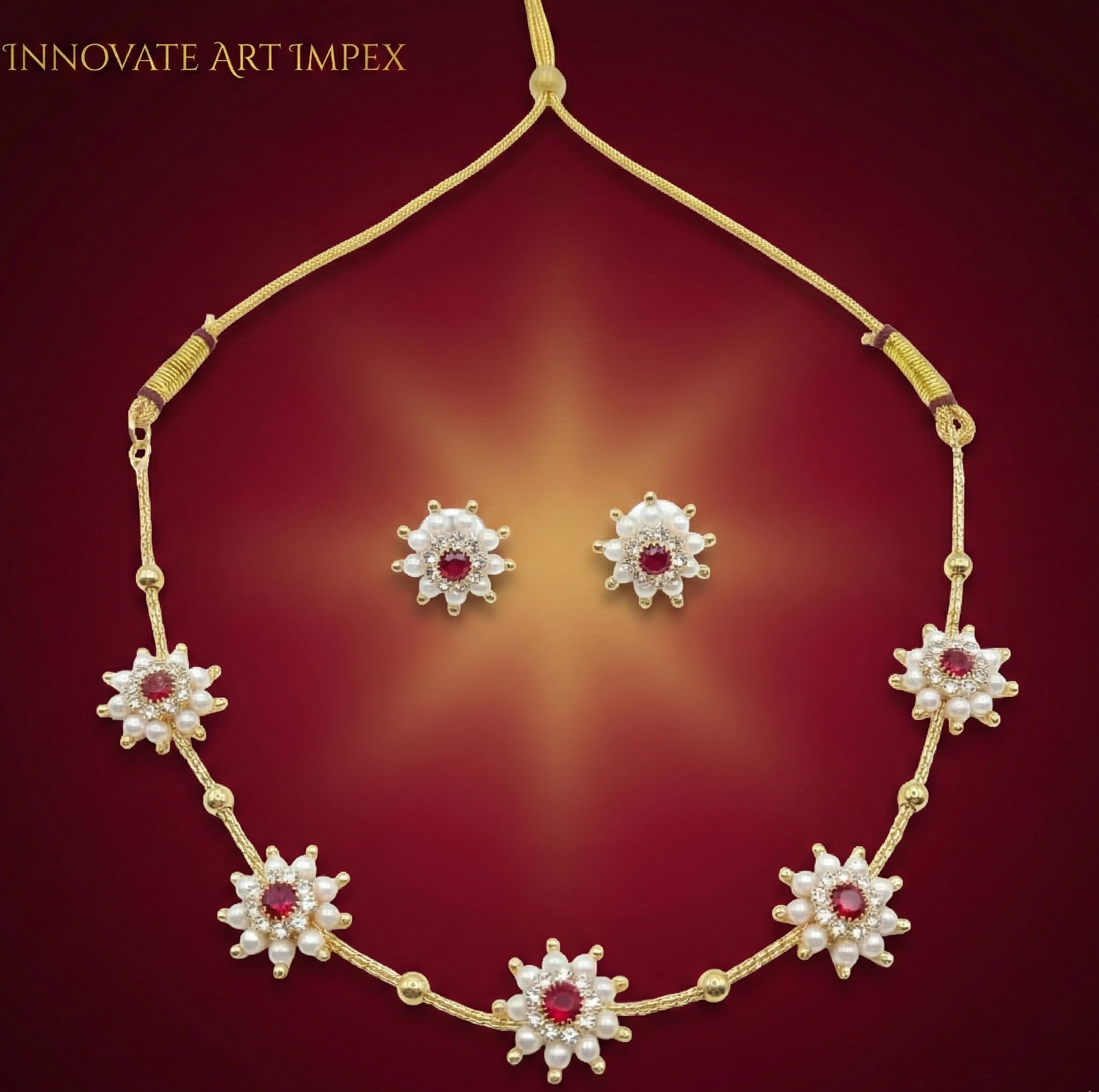 Close-up view of premium artificial Traditional Maroon Lotus Meenakari Gold Plated Choker Set with Pearl Drops by Innovate Art Impex.