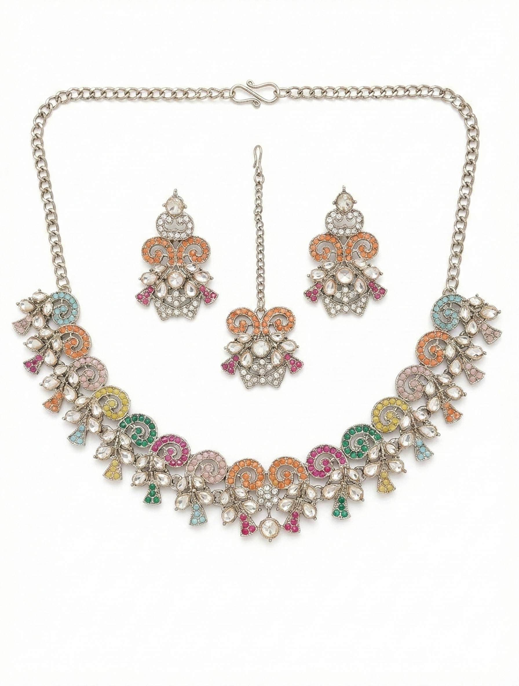 Close-up view of premium artificial Navratna Style Multi Color Floral Polki Necklace Set with Maang Tikka & Earrings by Innovate Art Impex.